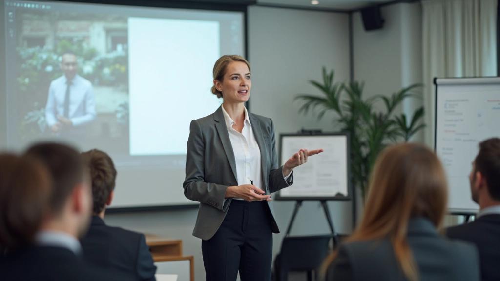 Professionele vrouw geeft presentatie in moderne conferentiezaal met projectiescherm